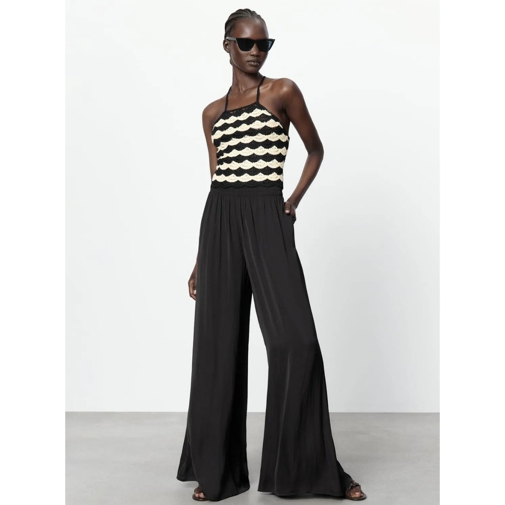 Zara Wide Leg Flowing Trousers Black High Waist Elastic Boho Whimsygoth Medium
